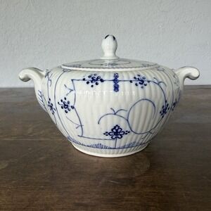 Antique Sarreguemines France Blue Fluted Covered Small Tureen Faience 1890s